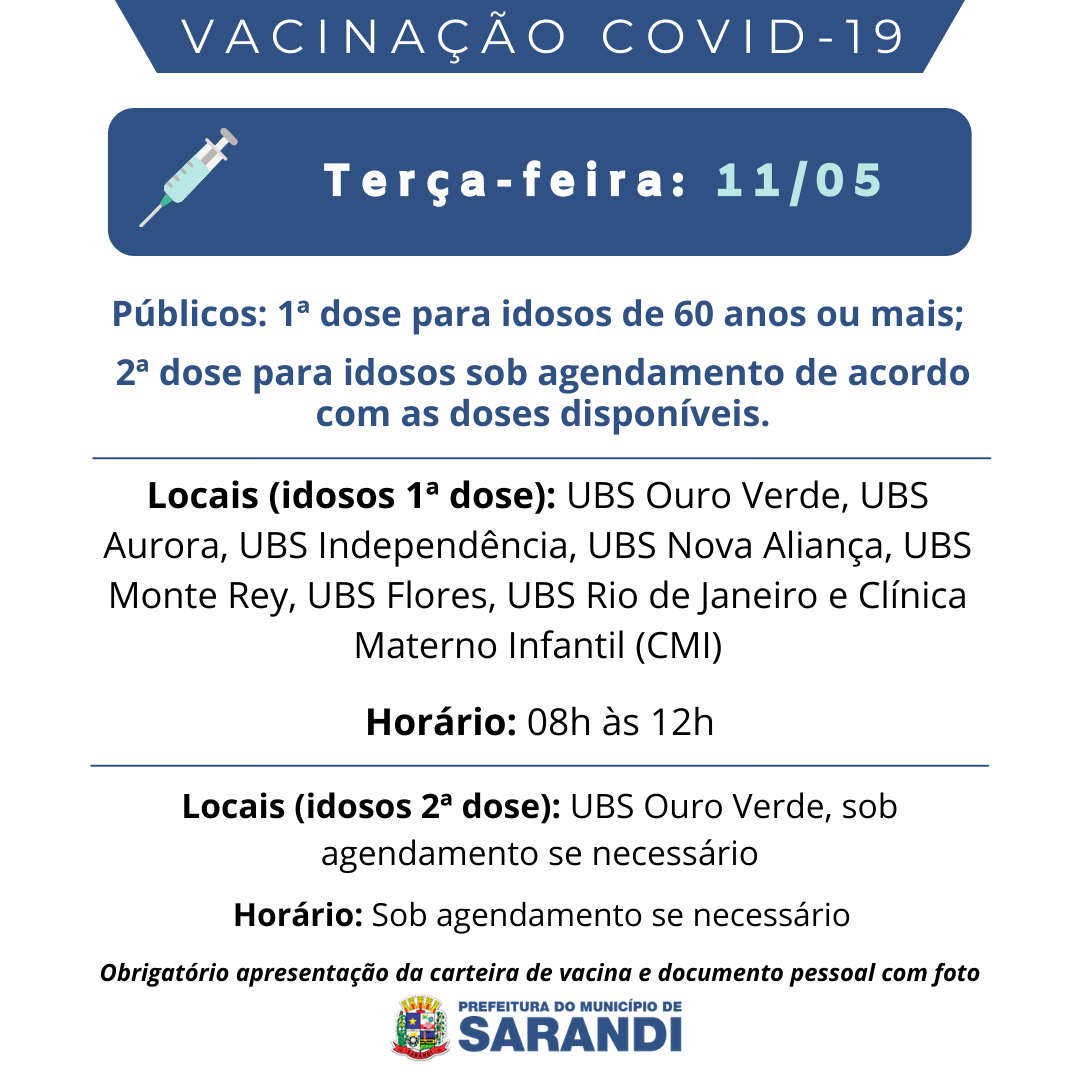 Cronograma de Vacinação contra Covid-19 - Terça-feira - 11/05/2021